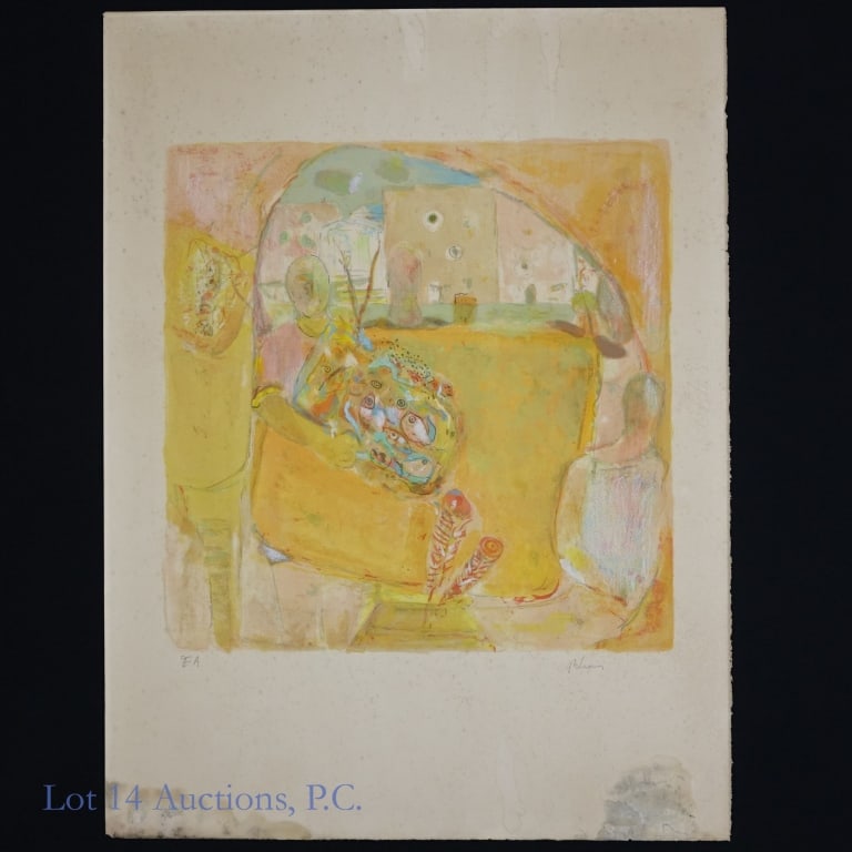 Pierre Lesieur (1922-2011) Signed Artist Proof: Pierre Lesieur (1922-2011) Signed Artist Proof. Untitled circa 1960's artist proof from French painter, Pierre Lesieur, on Arches paper. "EA", lower left. Signature, lower right. Foxing apparent. Wate