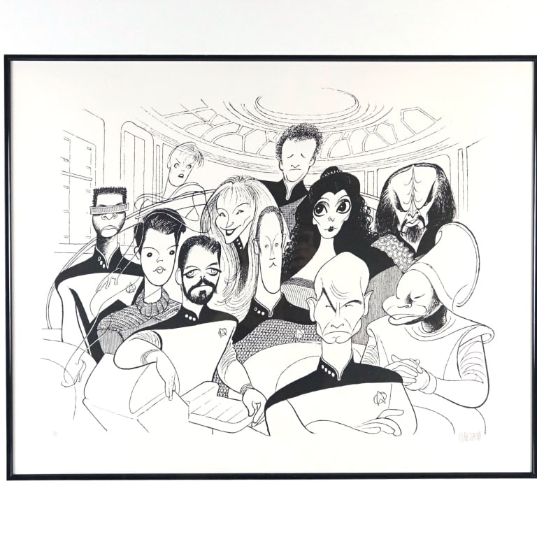 Al Hirschfeld (1903-2003) Limited-Edition: Al Hirschfeld (1903-2003) Limited-Edition. Star Trek: The Next Generation, 1991. Hand-Signed, Limited-Edition Lithograph #320/375. Image in frame only - 24"x19". Frame - 32"x28". Light wear on frame.