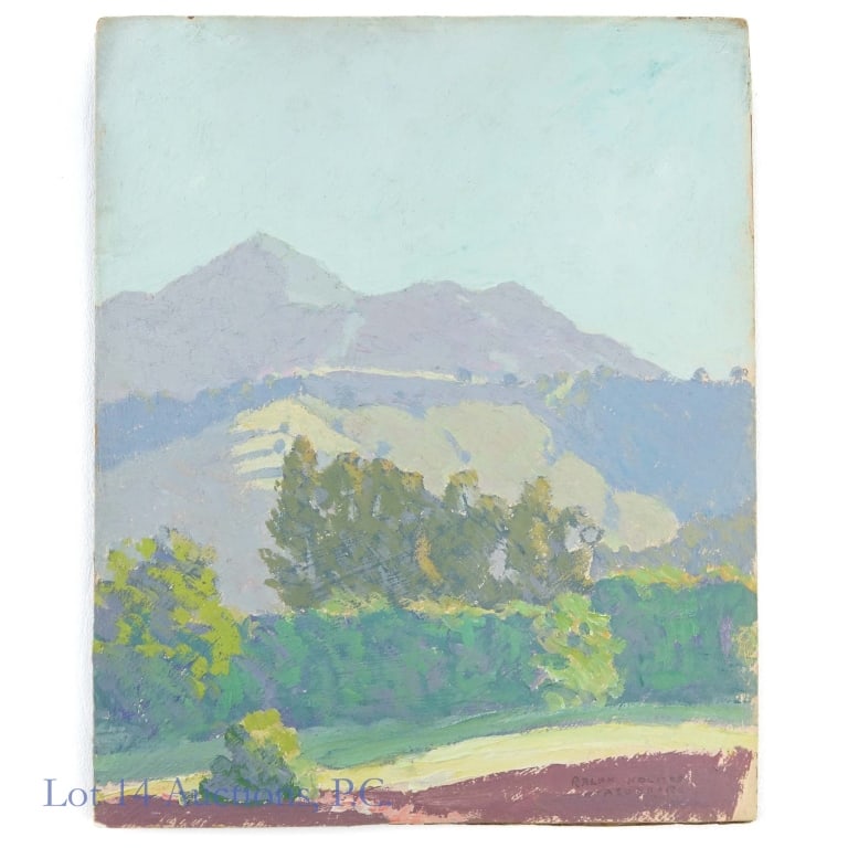 Ralph William Holmes, Atascadero: Ralph William Holmes, Atascadero. Ralph William Holmes (1876-1963). Oil painting on artist's board depicting the landscape around Atascadero, California. 8"x9.5", no frame. Signed bottom right 'Ralph 