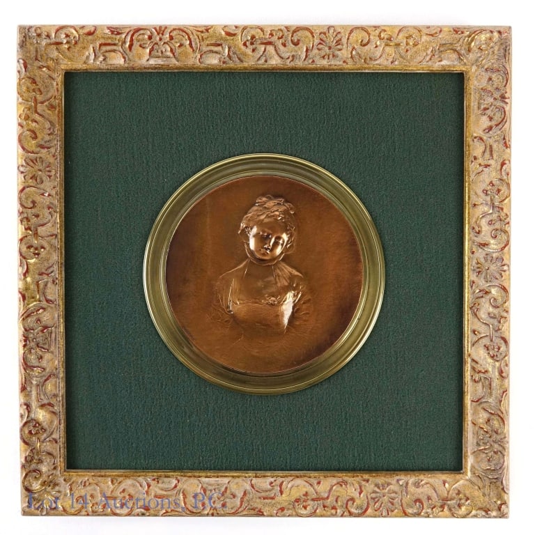 Young Empire Lady, 19th Century, Bronze: Young Empire Lady, 19th Century, Bronze. 19th Century bronze bas-relief portrait inspired by Jean Baptiste Greuze. Rendered by A. Rose and cast by Susse Freres Foundry in Paris, France. Mounted on boa