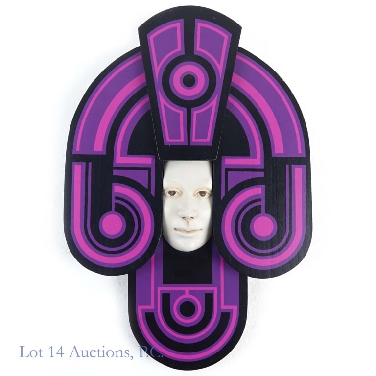 J.W. Eaton, Tron Inspired Sculpture: J.W. Eaton, Tron Inspired Sculpture. J.W. Eaton 1980?s Art Nouveau Deco Tron Inspired Wall Sculpture Purple w Face. Sculpture made of layers of wood shapes stacked and painted with a human face in the
