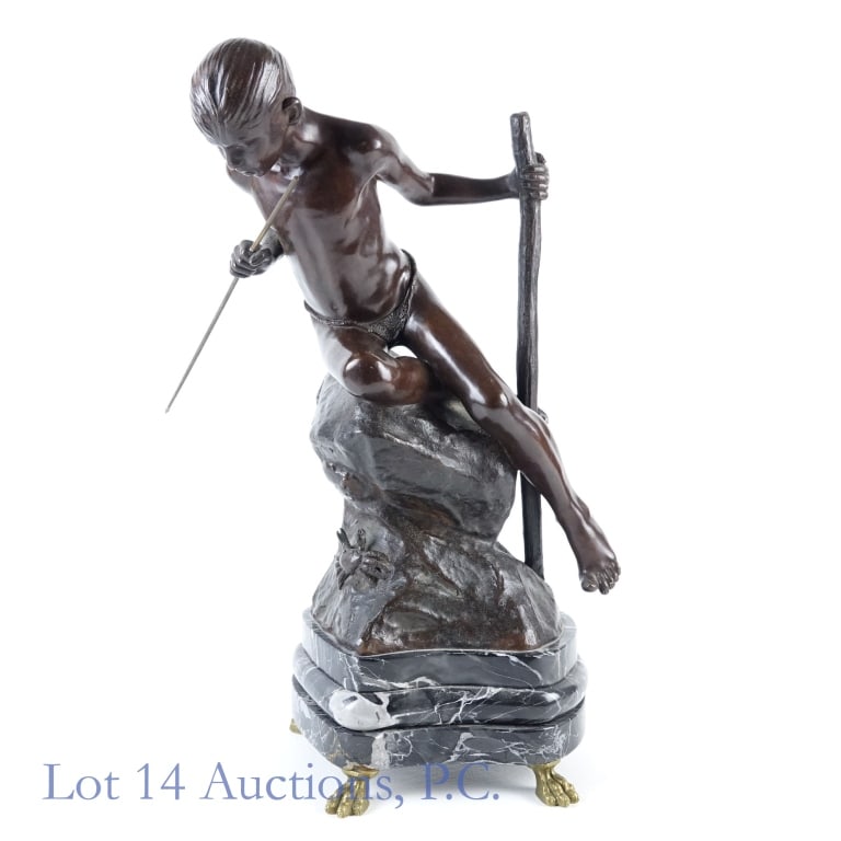 Bronze Statue, Boy Spear Fishing: Bronze Statue, Boy Fishing. A rendition or variation of "Above the Rock" by Domenico Jollo. Statue: 13"x12". Total height with marble base and bronze feet: 16". Weight: 17 lbs. Spear slips out of the