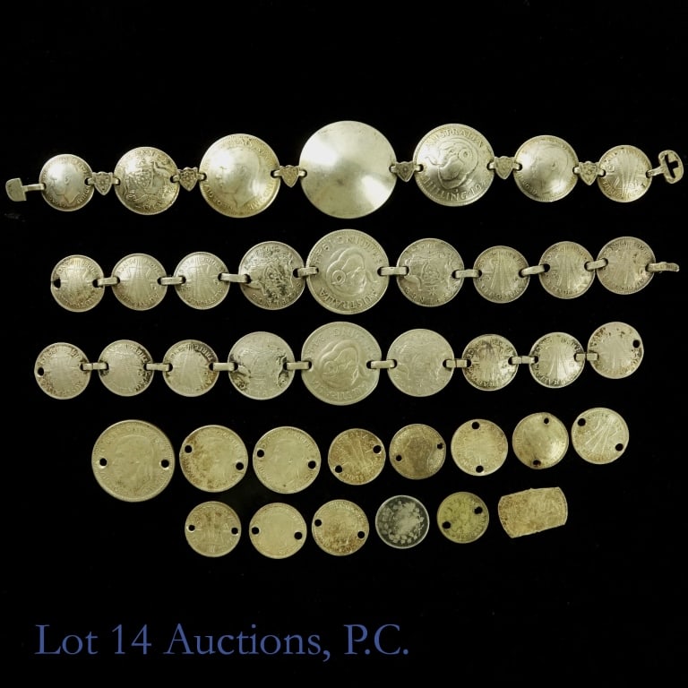 1940s Silver Australian Coin Bracelets (4): Four (4) early 1940s era 80%-silver Australian coin bracelets stored in old "Sucrets" antiseptic throat lozenges metal box. One bracelet needs to be reassembled. Total weight is 141.3 grams less metal