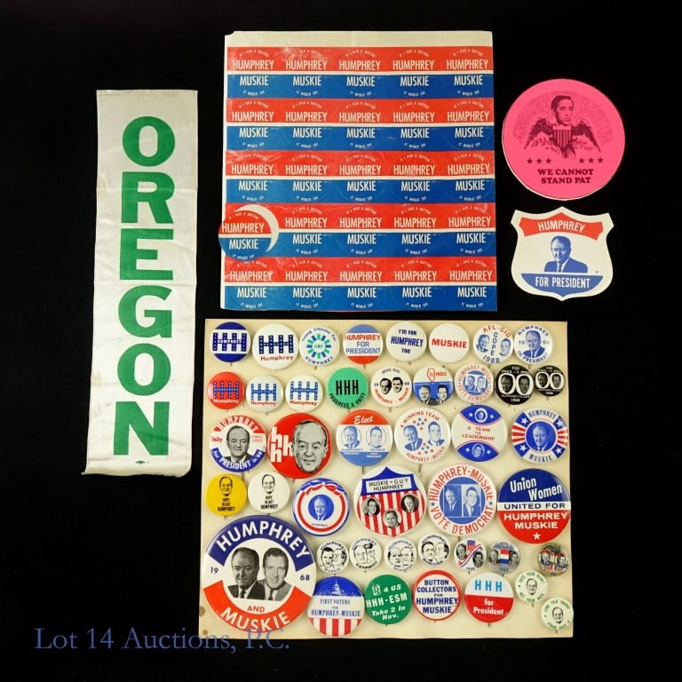 1986 H. Humphrey Presidential Campaign Items (47): Forty-seven (47) 1964 Herbert H. Humphrey presidential campaign items in various shapes, sizes, colors and themes including the following: ---3 x 12 inch white and green vertical "Oregon" ribbon; ---8
