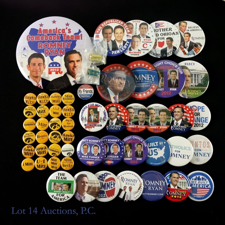 2012 Romney-Ryan Presidential Campaign Items (40+): More than forty (40+) 2012 Mitt Romney and Paul Ryan Republican presidential campaign items including the following: ---6 inch color America's Comeback Team! Romney-Ryan 2012 pin with color portraits