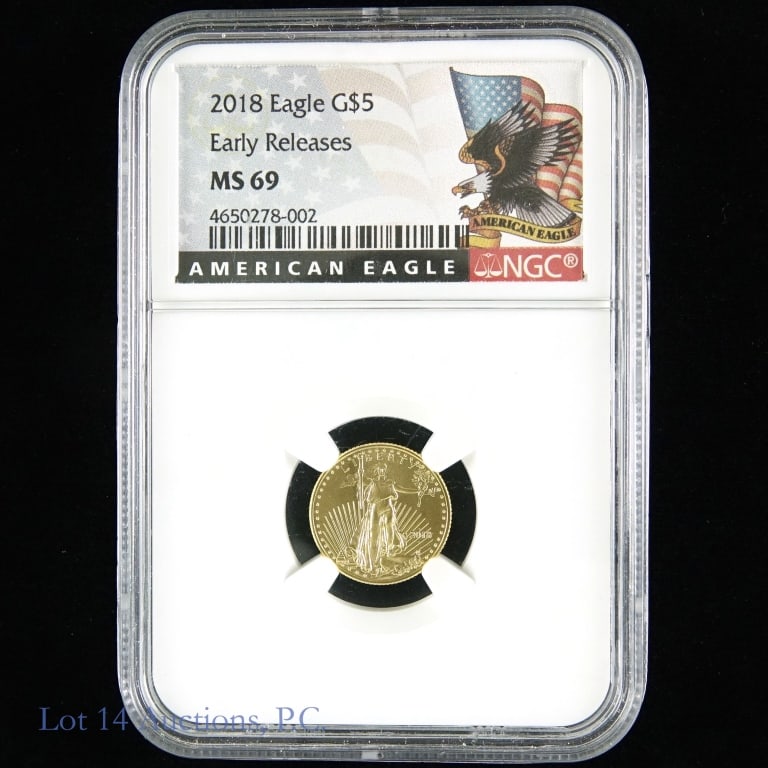 2018 U.S. Gold Eagle $5 Bullion Coin (NGC MS69): 2018 American gold eagle $5 bullion coin (Philadelphia Mint) NGC graded MS69 early release. Metal is 91.67% gold and weighs 3.393 grams (1/10 ounce). Mintage 230,000.