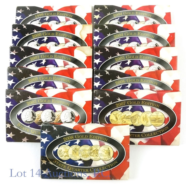 1999-2008 State Quarters Gold Edition (11): Complete 50 states 1999-2008 ten (10) United States Mint state quarters 5-coin sets - gold edition, plus an extra 2004 5-coin set. Includes CSN Cabler Shopping Network COA which attests to U.S. Mint c