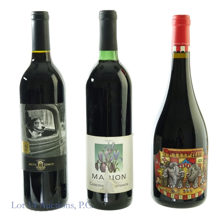 Mutt Lynch, Marion, & Michael David (3): 1-1991 Marion Mendocino County Cabernet Sauvignon, % ABV: N/A, 750 ml, Vintage: 1991, Region: Mendocino County, California. 2-2011 Mutt Lynch Primitivo Red Blend, 15% ABV, 750 ml, Vintage: 2011, Regio