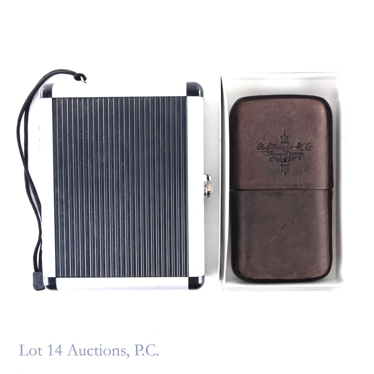 Gurkha Leather & Metal Cigar Cases (2): 1-Gurkha Leather 3 Finger Cigar Case, holds 2 cigars up to 6" long with a max. 60 ring gauge, some slight scuffs on case but can easily look like new with leather polish. 2-Metal Cigar case with foam