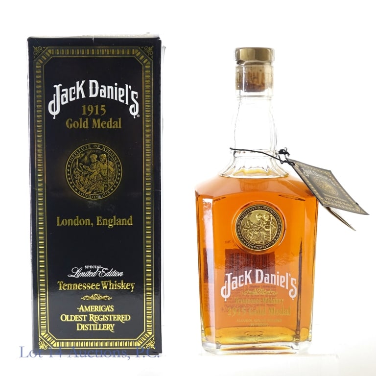 Jack Daniel's 1915 Gold Medal Tennessee Whiskey: Jack Daniel's 1915 Gold Medal London, England Tennessee Whiskey, 90 Proof, 750 ml, Bottle #14579. Original box included in good condition.