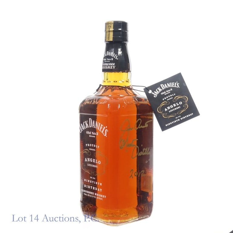Jack Daniel's Angelo Lucchesi 90th Birthday Signed: Jack Daniel's Angelo Lucchesi 90th Birthday Tennessee Whiskey, 90 Proof, 750 ml, Honoring Angelo Lucchesi on his 90th birthday, Jack Daniel's very first salesman. Bottle #32100, Signed by Master Disti