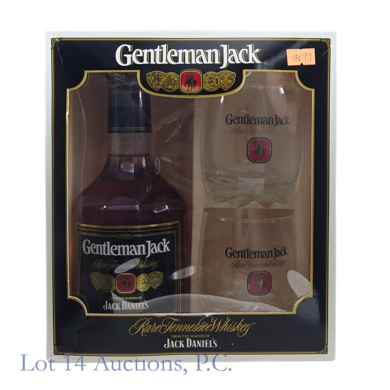 Gentleman Jack Rare Whiskey Gift Set (3rd Gen): Gentleman Jack Rare Tennessee Whiskey, 80 Proof, 750 ml, back label slightly peeling in bottom left corner, 3rd Generation bottle. Gift set includes 2 Gentleman Jack drinking glasses. Box included to