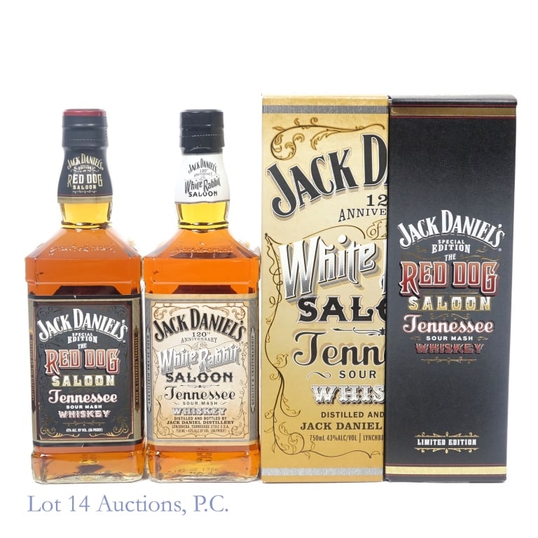 Jack Daniel's Red Dog & White Rabbit Whiskey (2): 1-Jack Daniel's Red Dog Saloon Tennessee Whiskey, 86 Proof, 750 ml, 125th Anniversary, Bottle #RD015514, slight nick on bottom of front label. Box included. 2-Jack Daniel's White Rabbit Saloon Tenness