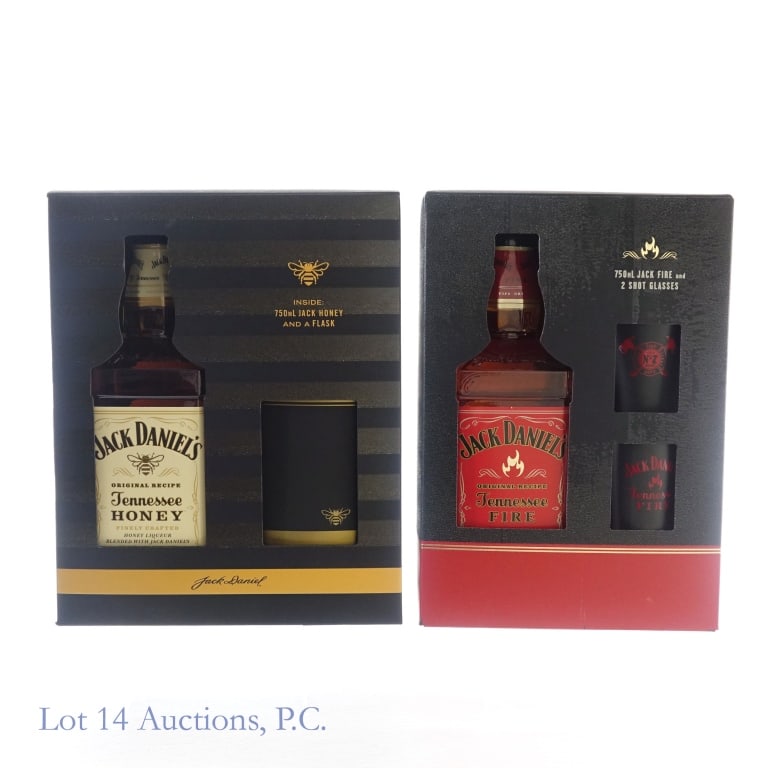 Jack Daniel's Tennessee Fire & Honey Gift Sets (2): 1-Jack Daniel's Tennessee Fire Cinnamon Liqueur, 70 Proof, 750 ml, slight nick on top and bottom of front label. Gift set includes 2 Tennessee Fire shot glasses. Box included to hold entire set. 2-Jac