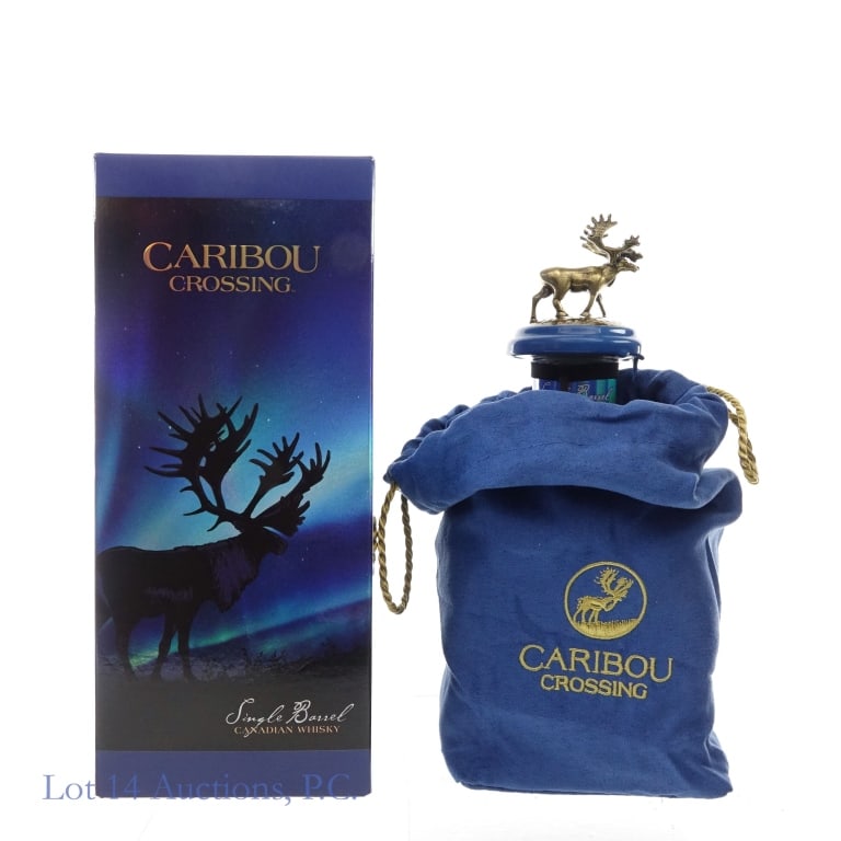 Caribou Crossing SB Canadian Whisky Pick (2022): Caribou Crossing Single Barrel Canadian Whisky (2022), 80 Proof, 750 ml, Binny's Barrel #44 Private Selection, Box and bag included.