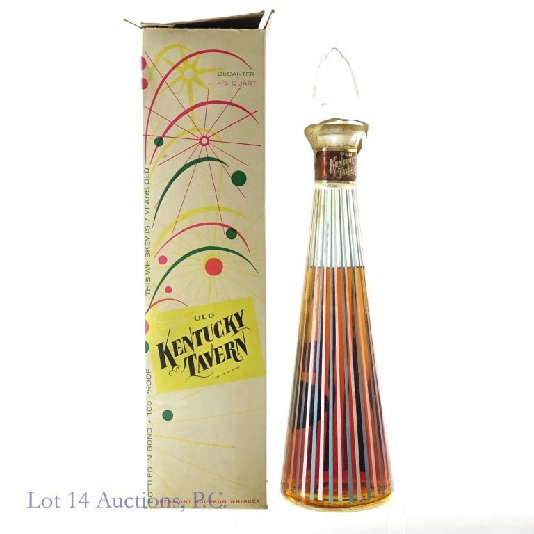 1956 Old Kentucky Tavern 7 Yr BIB Bourbon**OPEN: Old Kentucky Tavern 7 Year Bottled-In-Bond Bourbon Decanter, 100 Proof, 4/5 Quart, Bottled: Fall 1956, Made: Spring 1949*****Tax strip torn through on one side and bottle is unsealed, low fill approxi