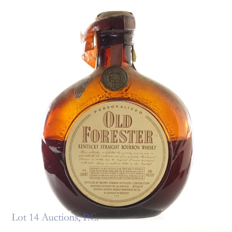 1952 Old Forester BIB Personalized Bourbon****: Old Forester Bottled-In-Bond Bourbon, 100 Proof, 4/5 Quart, Bottled: Fall 1952, Made: Spring 1946, Brown-Forman Distilled, Personalized back label****Very low fill about halfway full, contents appear