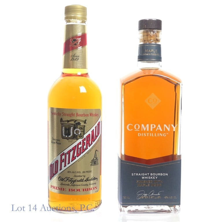 Old Fitzgerald Prime & Co. Distilling Bourbon: 1-Old Fitzgerald Prime Bourbon, 80 Proof, 750 ml. 2-Company Distilling Maple Wood Finish Bourbon, 90 Proof, 750 ml.