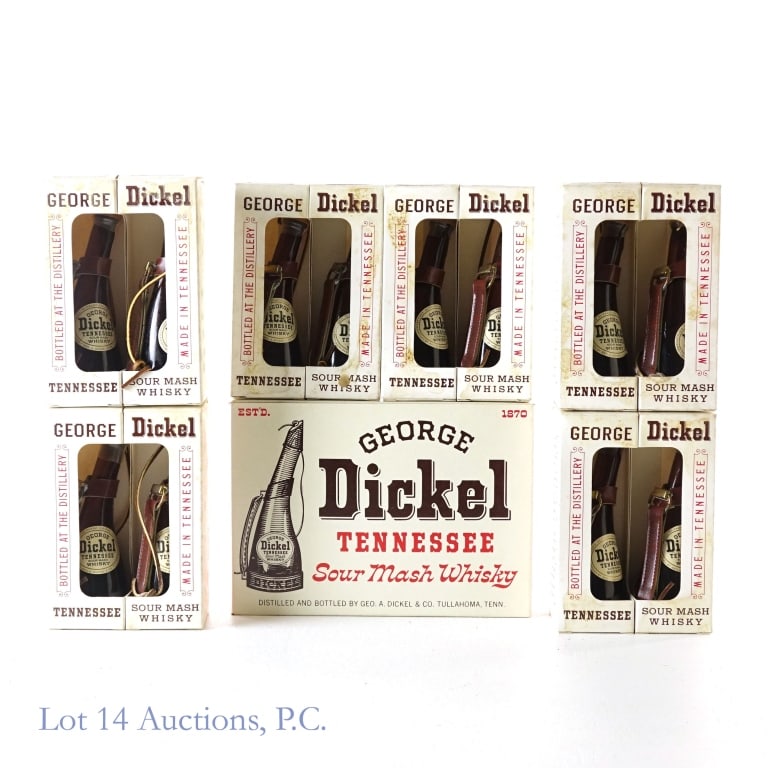 George Dickel Whiskey Mini Full Set (12, LOW FILL): George Dickel Tennessee Sour Mash Whiskey Souvenir Mini Bottle Set of 12, 90 Proof, 1/10 Pint. 1940s-1960 bottling. Compliments of Northwest Airlines****All bottles are extremely low fill (around half