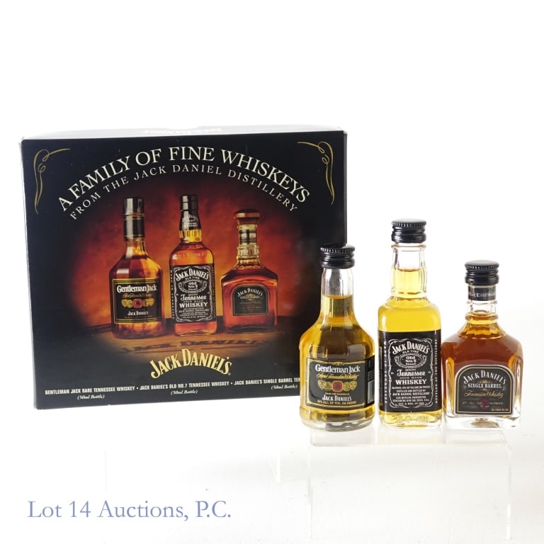 Early 2000s Jack Daniel's Whiskey Mini 3-Pack: Set of 3 Jack Daniel's 50 ml mini bottles including 1-Gentleman Jack Rare Tennessee Whiskey Mini, 80 Proof, 50 ml. 2-Jack Daniel's Tennessee Whiskey Mini, 86 Proof, 50 ml. 3-Jack Daniel's Single Barre