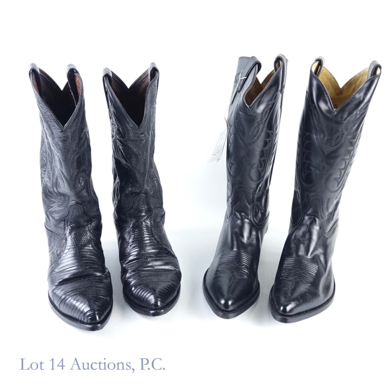 Tony Lama Black Boots - Lightly Used (2): Lot includes: 1 pair of black leather Tony Lama style CY811 western cowboy boots. These boots are creased in several different places. They have a black stitched design and are size 11D. The other one