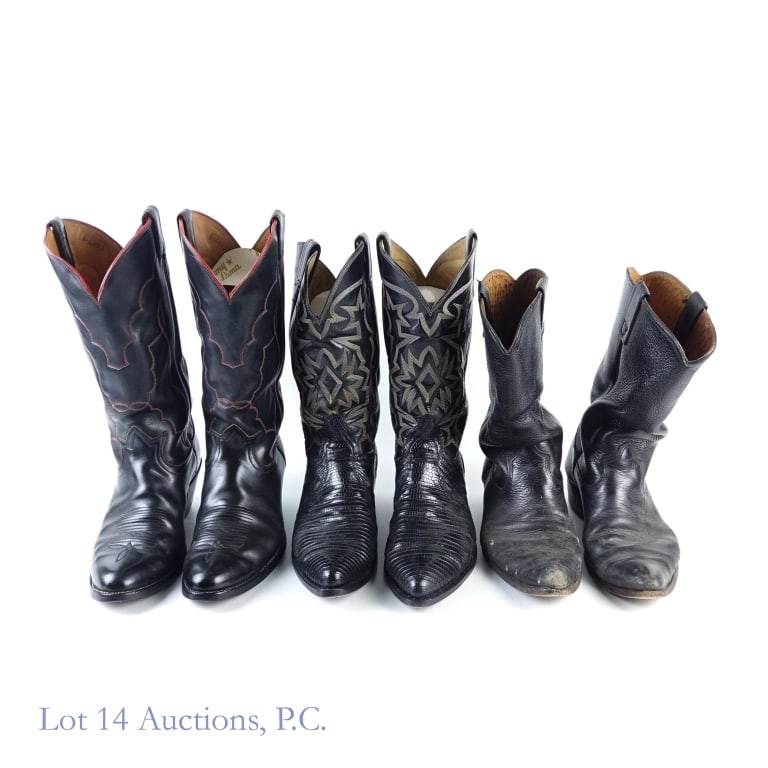 Tony Lama Cowboy Boots - Used (3 Pairs): 1- Used Tony Lama black leather size 9D style 4016 cowboy boots. The boots have some wear and creases. 2- Used Tony Lama black leather style 8020 size 11D cowboy boots. Boots have some wear and crease
