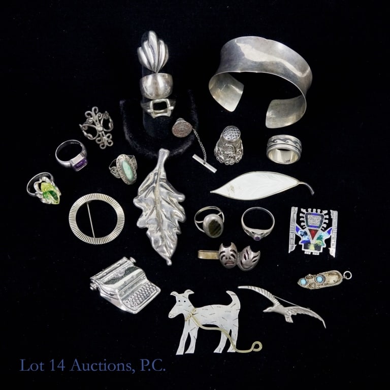 Sterling Silver Estate Jewelry: Collection of estate jewelry - all marked 925, sterling, or ster, except for two pieces (one bird pin marked "Mexico 750", and pendant charm in the shape of a show marked "900". This collection includ