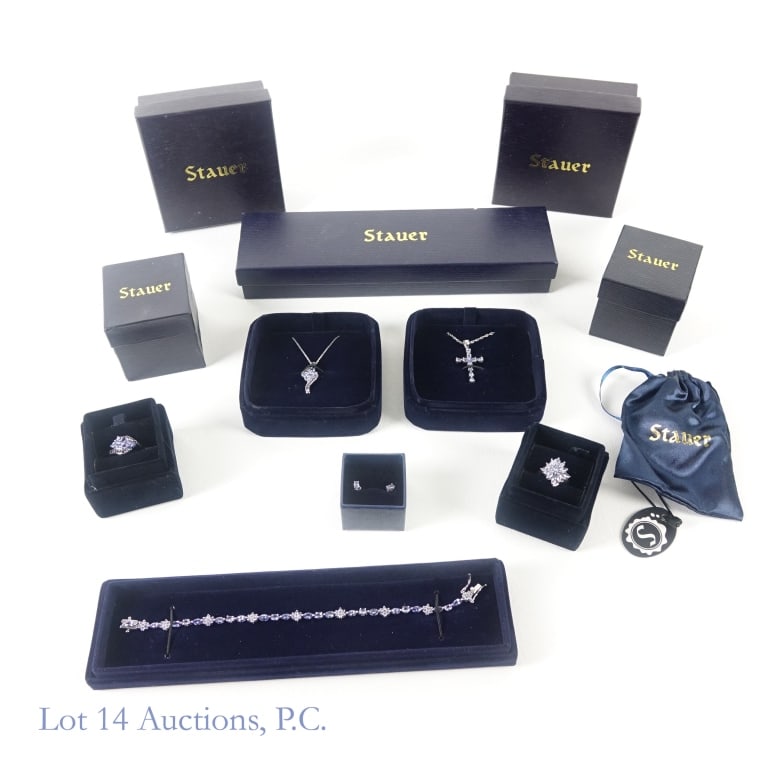 Stauer Sterling Silver & Tanzanite Jewelry (7 pcs): Seven piece sterling silver and tanzanite jewelry collection from Stauer (six pieces in original Stauer boxes - one in Staurer minibag). Total weight: 25.8 grams. Fusion necklace (30899) ** Tatu cross