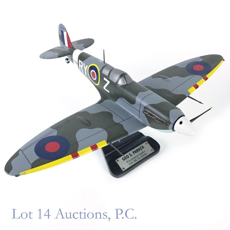 Parker Pen Signed Promo Presentation Spitfire: Limited to only 100 pieces, this is a Parker Pen Presentation Spitfire 1941 MK Vb AD384 model airplane. Signed by Geoffrey Parker, historian of the Parker Pen family, this is piece number 27 of 100. T