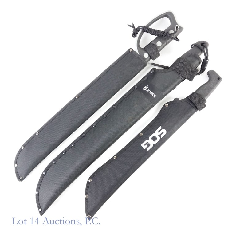 Machete-Style Blades - Sog Gerber More (3): 3 machete-style blades. SOG Sogfari knife with serrated spine. Blade is approximately 12.5". Includes SOG branded soft belt sheath. Light use. ****** Gerber model 4660320E knife with serrated spine. B