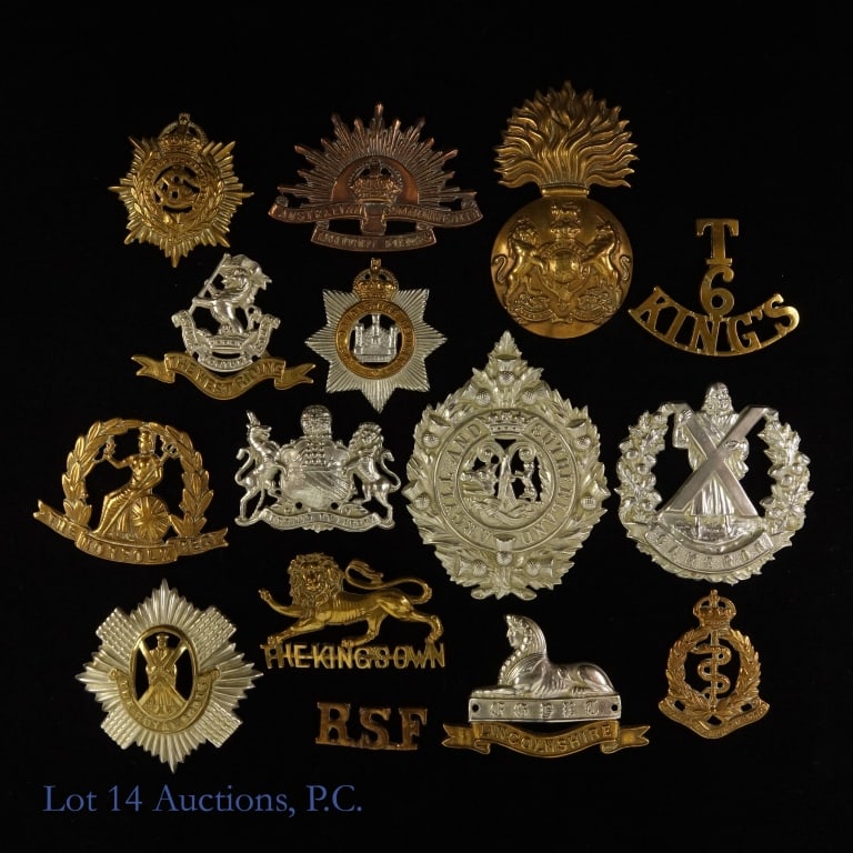 WWI Military Medals (15): WWI Military Medals from UK, Ireland, Scotland, and Australia. Medals include: Norfolk Regiment Cap Badge (c. 1919). Fought in the Western Front and in the Middle East. *** The Queen's Own Cameron Hig