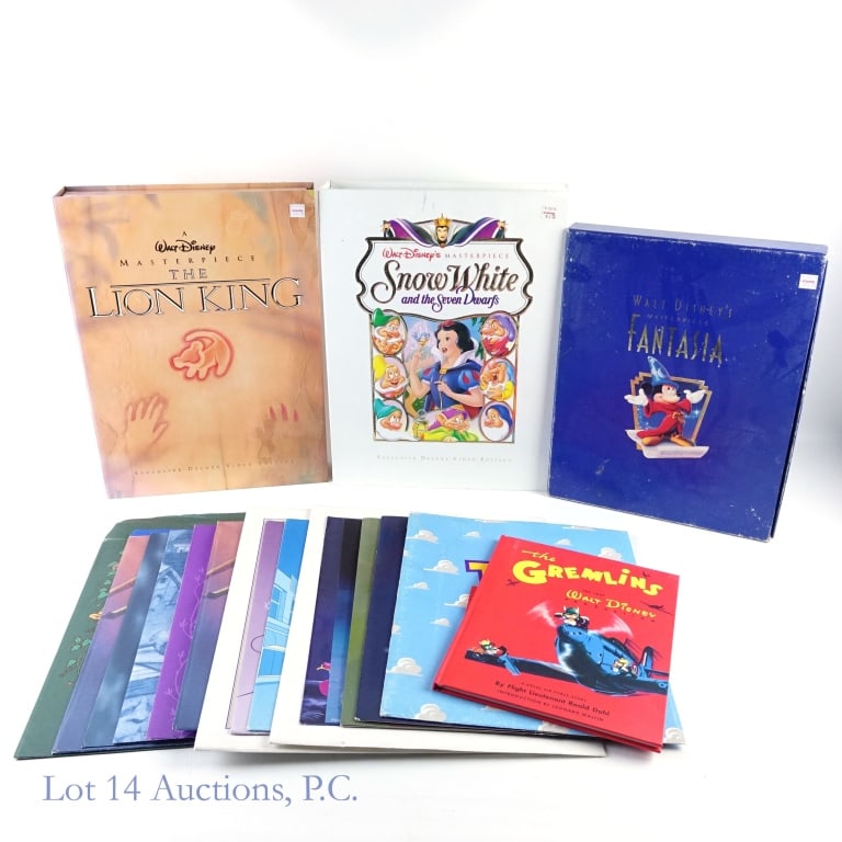 Disney Lithographs & Movies: Some lithographs include: Aladdin, Toy Story, Cinderella, Bambi, Snow White, and Peter Pan. Lion King box includes a package of six lithographs (sealed), a sealed VHS tape of the Lion King, Circle of