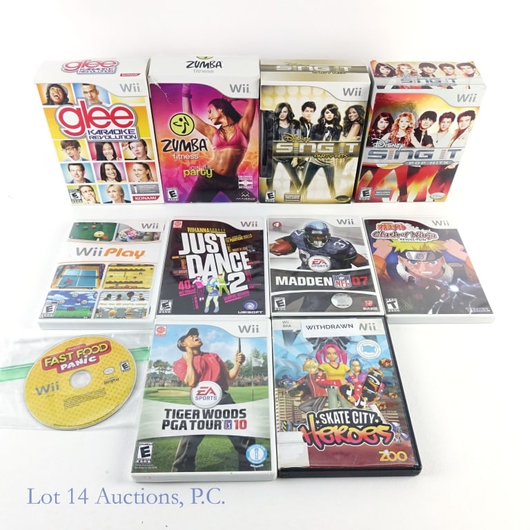 Wii Video Games (11): 11 Wii Games: Disney Sing It Party Hits (complete with microphone), Glee Karaoke Revolution (complete with microphone), Zumba Fitness (missing manual belt), Disney Sing It Pop Hits (complete with micr