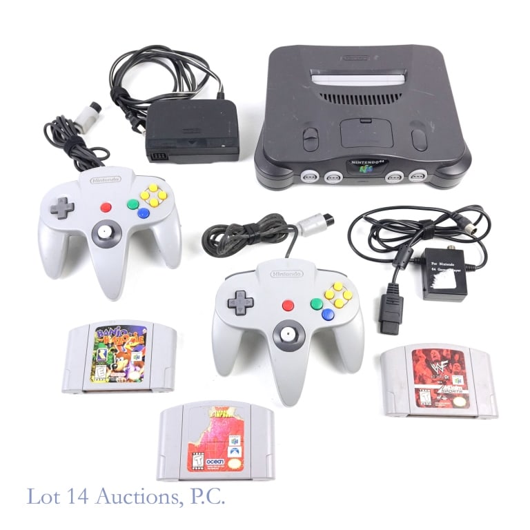 Nintendo 64 Console & 3 Games: Nintendo 64 Console with RF adapter, AC power supply, and 2 wired controllers. 3 games included: WWF Attitude, Mission: Impossible, and Banjo-Kazooie.