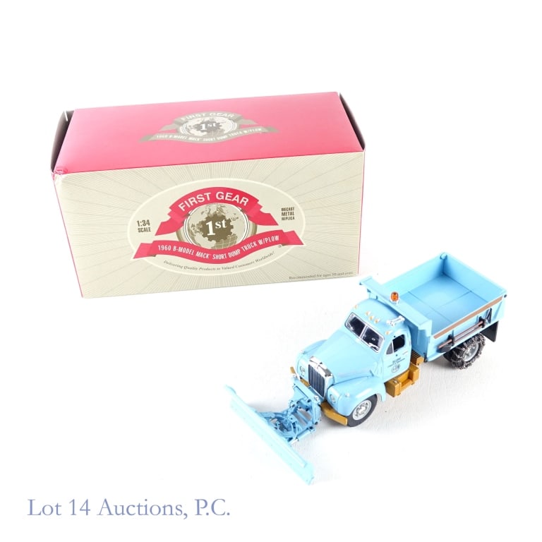 1960 First Gear B-Model Mack Short Dump Truck Toy: 1960 First Gear B-Model Mack Short Dump Truck Toy W/ Plow. A Die-cast metal 1:34 scale replica of a Chicago Fire Department dump truck. No notable damages seem to be on the toy. Comes with original bo