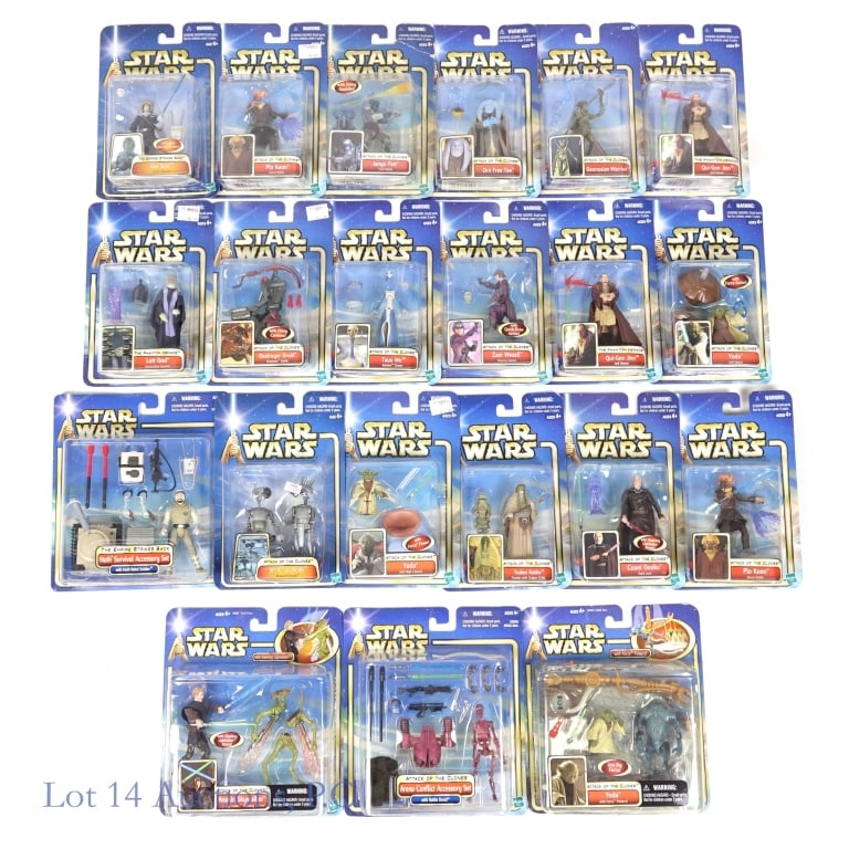 2002 Hasbro Star Wars Action Figures (20): 2002 Star Wars Figures by Hasbro. All figures are in original box. Figures include: Qui-Gon Jinn Jedi Master (The Phantom Menace) (2) *** Yoda Jedi High Council (Attack of the Clones) *** Yoda Jedi Ma