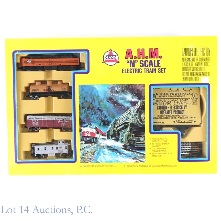 N-Scale, AHM Train Set in Original Packaging: N-Scale, AHM Train Set in Original Packaging. #4672 AHM Milwaukee electric train set in original box. Minimal wear on packaging. Set appears complete. Not tested in house. Please see photos for more d