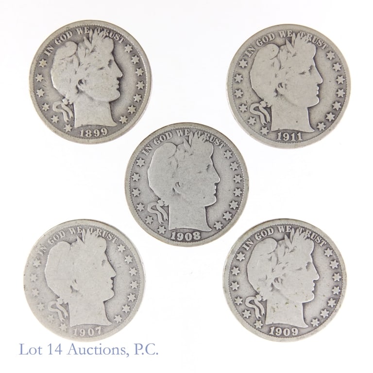 Silver Barber Half Dollars (5): Five (5) silver Barber half dollars (Philadelphia, New Orleans Mints). Metal is 90% silver and weighs 12.5 grams (ASW is 0.36169 oz.) each. Dates and mintages as follows: ---1899 mintage 5,538,000 (PC