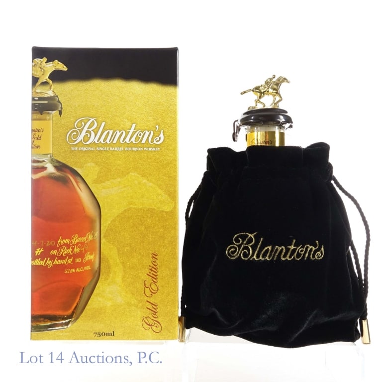 Blanton's Gold Edition Bourbon "L", 750 ml: Blanton's Gold Edition Single Barrel Bourbon, 103 Proof, 750 ml, Letter L, Dump Date: 08-22-22, Barrel #867, Bottle #13, Box and bag included.
