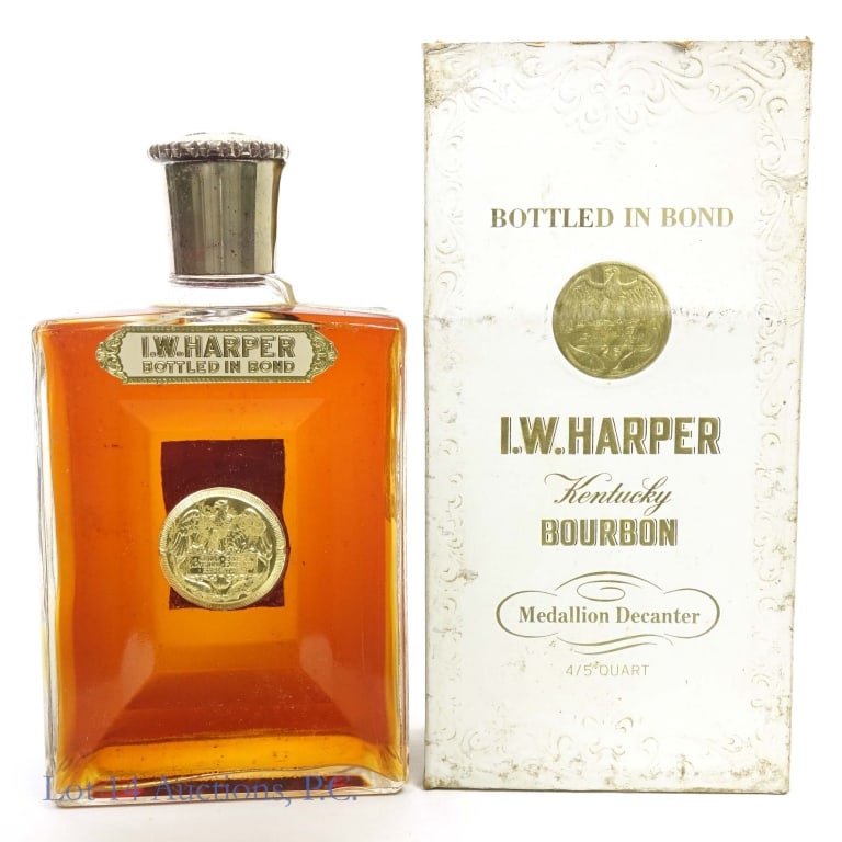 1960 I.W. Harper BIB Bourbon: I.W. Harper Bottled-In-Bond Bourbon, Bottled: Fall 1960, Made: Fall 1955. Tax strip in very good condition. Box included, worn but intact.