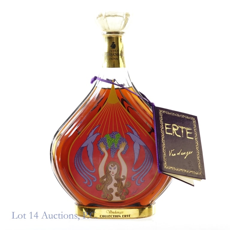 Courvoisier Collection Erte No. 2 Vendanges Cognac: Courvoisier Collection Erte No. 2 Vendanges Extra Cognac, 80 Proof, 750 ml, 2nd Design Bottle #B1543. Only 12000 decanters have been produced. Silk screening design and hand painted pigments including