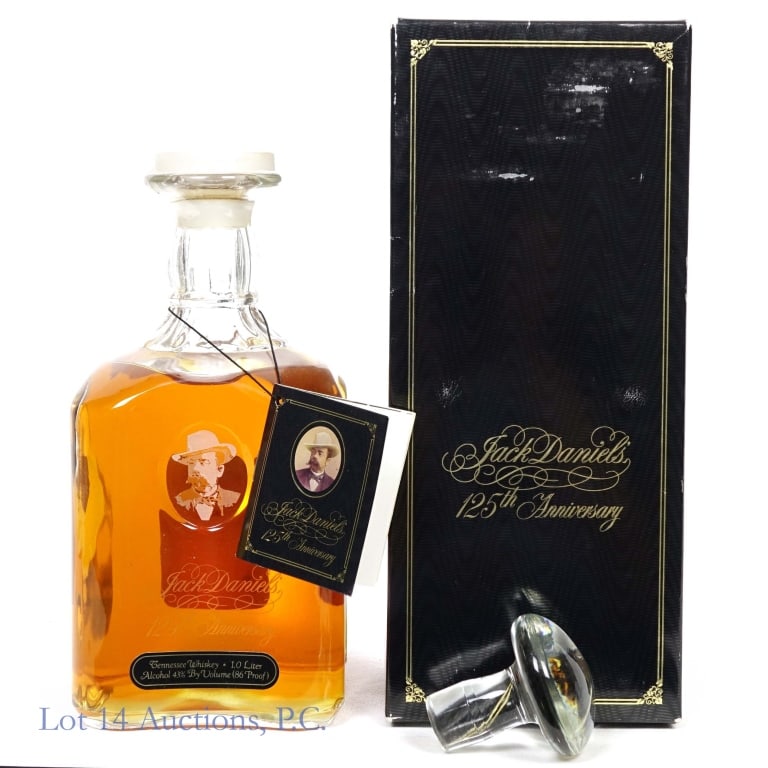 "91" Jack Daniel's 125th Ann. Tenn Whiskey (1 L): Jack Daniels 125th Anniversary Tennessee Whiskey, 86 Proof, 1 Liter, Bottle #61749, Released in 1991 to commemorate the 125th anniversary of the Jack Daniel Distillery, Includes glass stopper and card