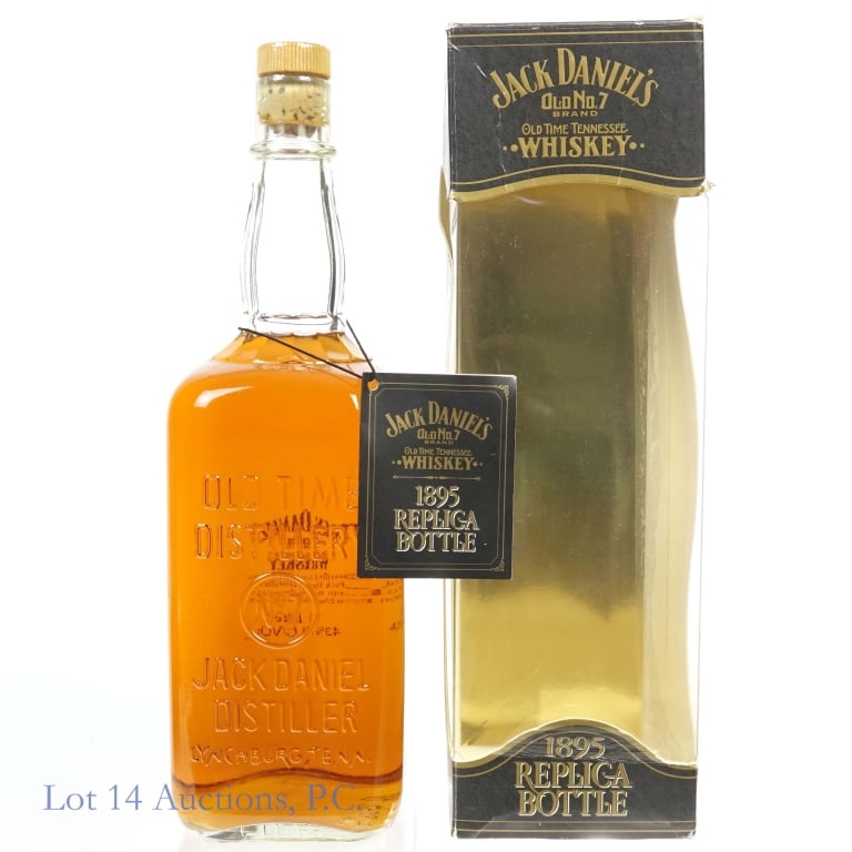Jack Daniel's Whiskey 1895 Replica Bottle (EU, 1L): Jack Daniel's 1895 Replica Bottle Tennessee Whiskey, 86 Proof, 1 Liter, Bottle #434390. EU Release, along with the differentiating box, this bottle is distinguishable from the US version by its transp