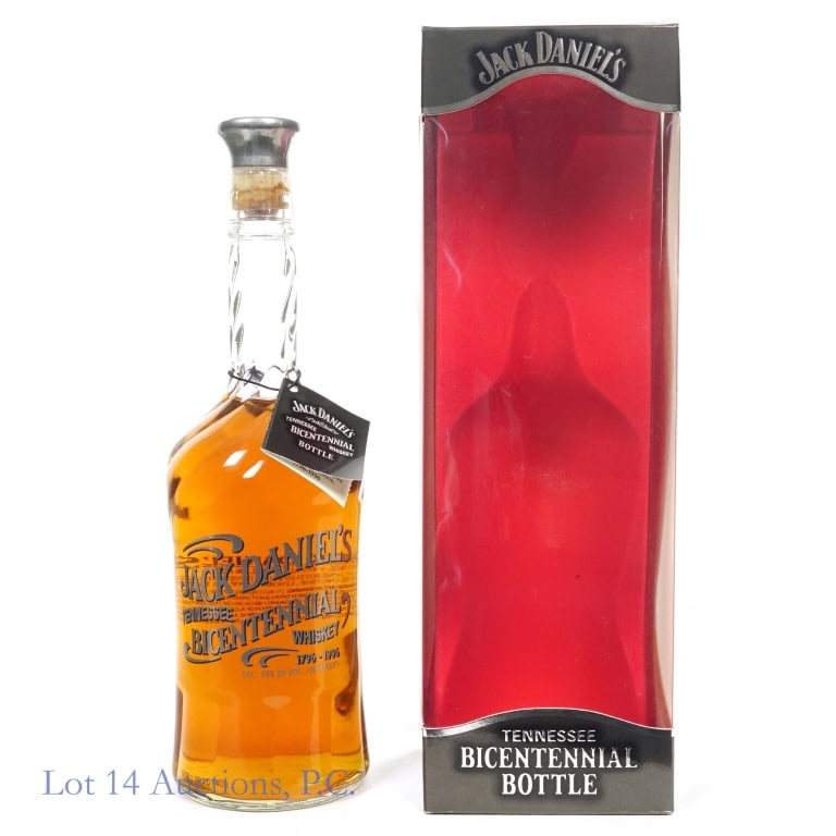 Jack Daniel's Bicentennial Tennessee Whiskey: Jack Daniel's Bicentennial 1796-1996 Tennessee Whiskey Bottle, 96 Proof, 750 ml, in honor of Tennessee 200th birthday, this Bicentennial bottle is a replica of the Centennial decanter designed in 1896