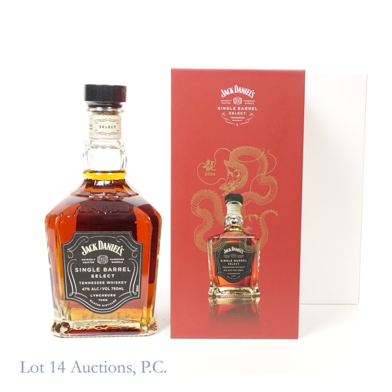 Jack Daniel's 2024 Year of the Dragon SB Whiskey: Jack Daniel's 2024 Year of the Dragon Single Barrel Tennessee Whiskey (2023), 94 Proof, 750 ml, Bottled: 09-22-23, 23-08565, Original case included along with outer cardboard packaging box.