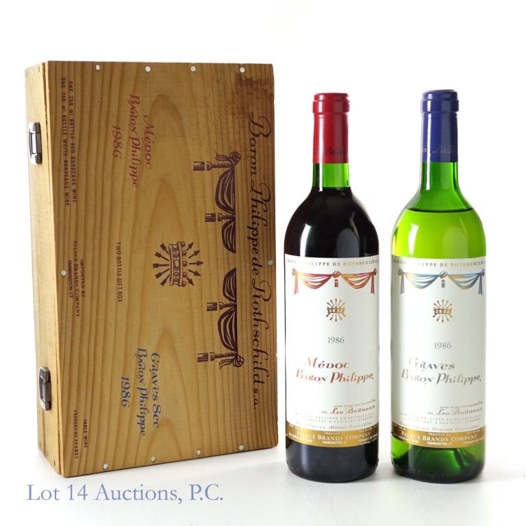 1986 Baron Philippe Rothschild Medoc & Graves (2): 1-1986 Baron Phillipe de Rothschild Medoc Baron Philippe, 11.5% ABV, 750 ml, Vintage: 1986, Region: Bordeaux, France, Appellation: Medoc. 2-1986 Baron Phillipe de Rothschild Graves Blanc Baron Philipp