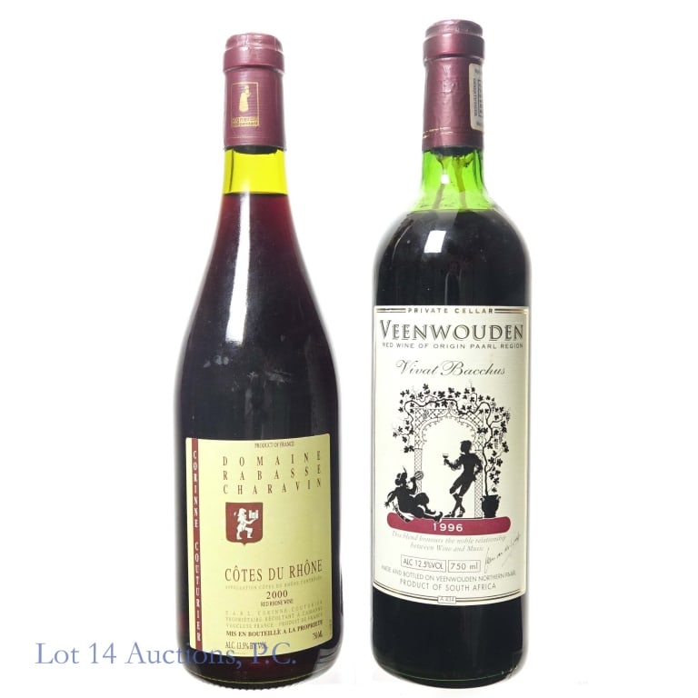 1996 Vivat Bacchus & 2000 Cotes du Rhone (2): 1-1996 Veenwouden Private Cellar Vivat Bacchus, 12.5% ABV, 750 ml, Vintage: 1996, Region: Paarl, South Africa, slight residue and wear on upper foil capsule but capsule and cork remain sealed and inta