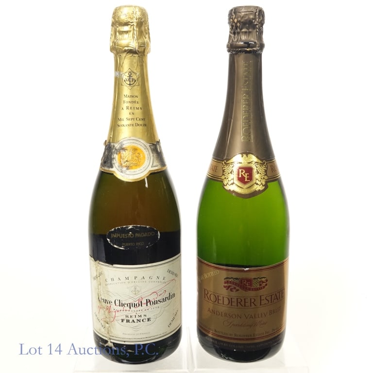 Veuve Clicquot & Roederer Estate Champagne (2): 1-Veuve Clicquot-Ponsardin Demi-Sec Champagne, 12% ABV, 750 ml, Vintage: N/V (nonvintage), Region: Reims, France, Imported from Puerto Rico, Front label and foil seal badly worn. 2-Roeder Estate Ander