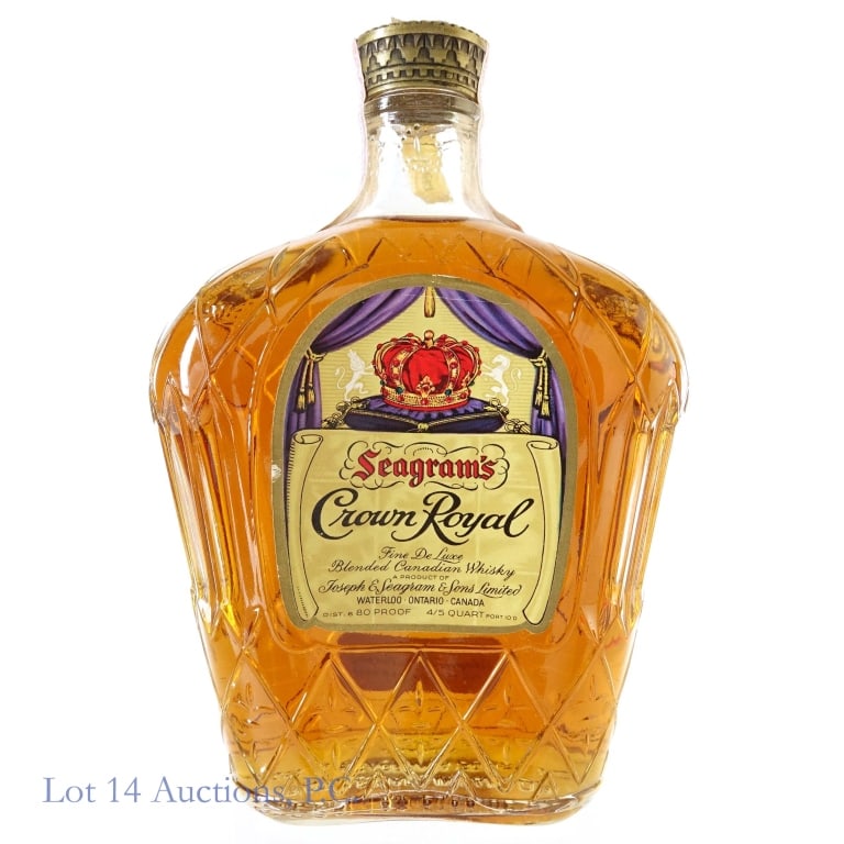 Vintage Crown Royal Fine Deluxe Canadian Whisky*: Crown Royal Fine Deluxe Canadian Whisky, 80 Proof, 4/5 Quart, Tax strip torn in multiple places and distillation date cannot be determined but other strip indicates that it was bottle in the early 196