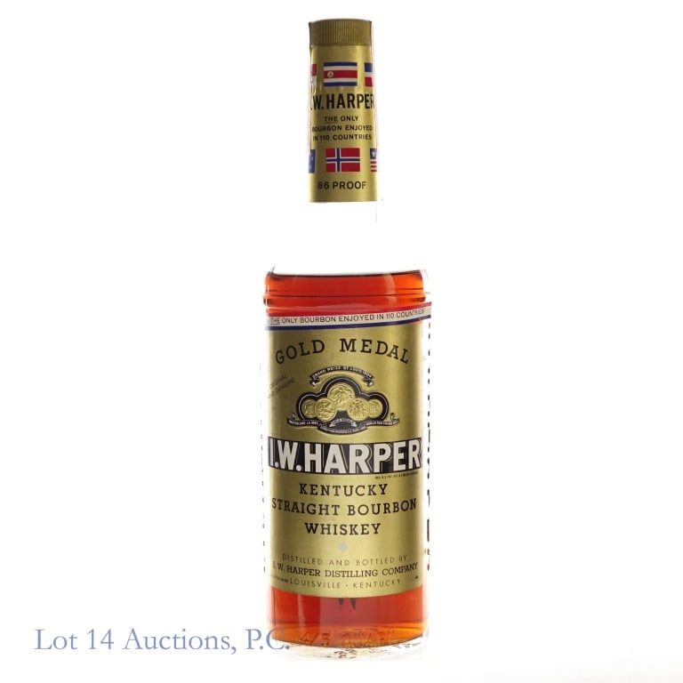 1960s I.W. Harper 6 Year Gold Medal Bourbon: I.W. Harper 6 Year Gold Medal Bourbon, 86 Proof, 4/5 Quart, early 1960s-late 1970s tax strip, "66" glass molding, Vintage label found in 1968 Bourbon Beverage Bar magazine ad. Small nick on bottom bac